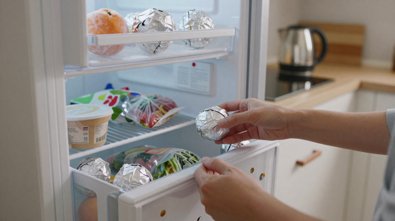 Offener Kühlschrank mit Obst, verpackten Lebensmitteln und zwei Händen, die eine Kugel in Alufolie halten.