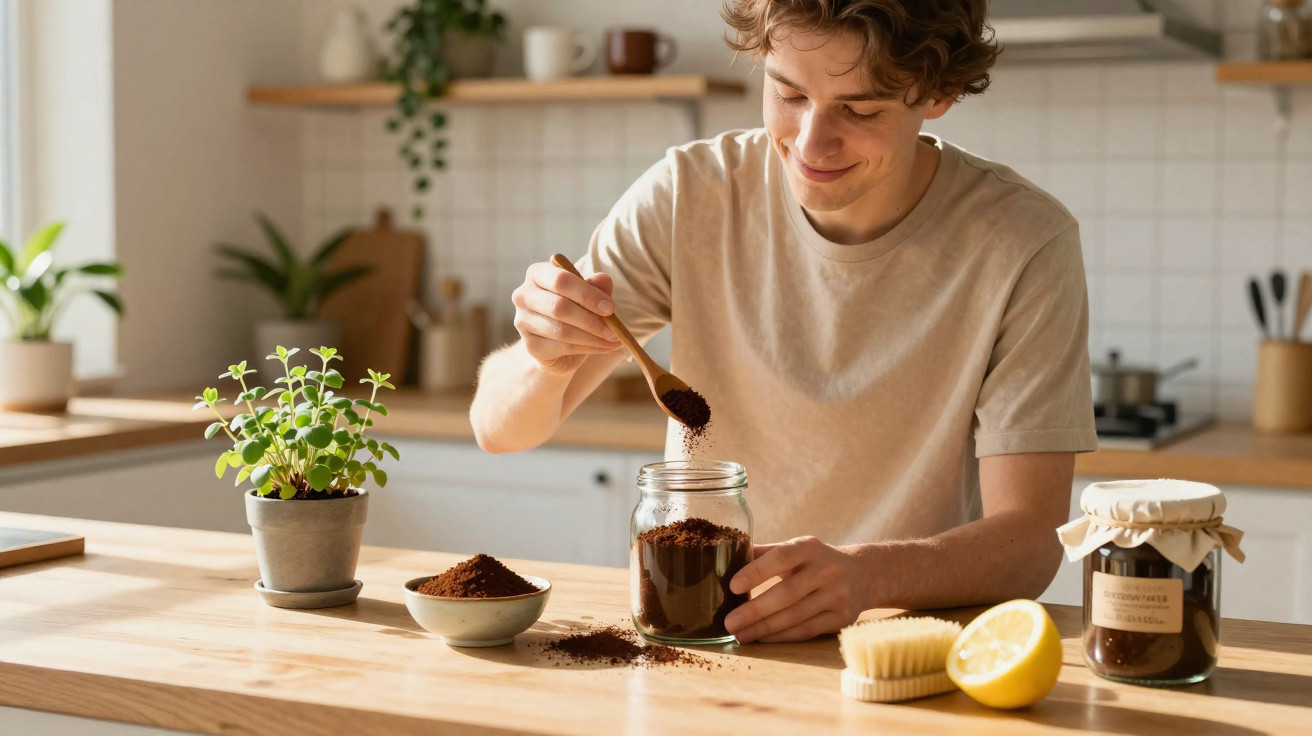 Junger Mann füllt Kaffeepulver in ein Glas in einer hellen, modernen Küche auf Holzarbeitsfläche.