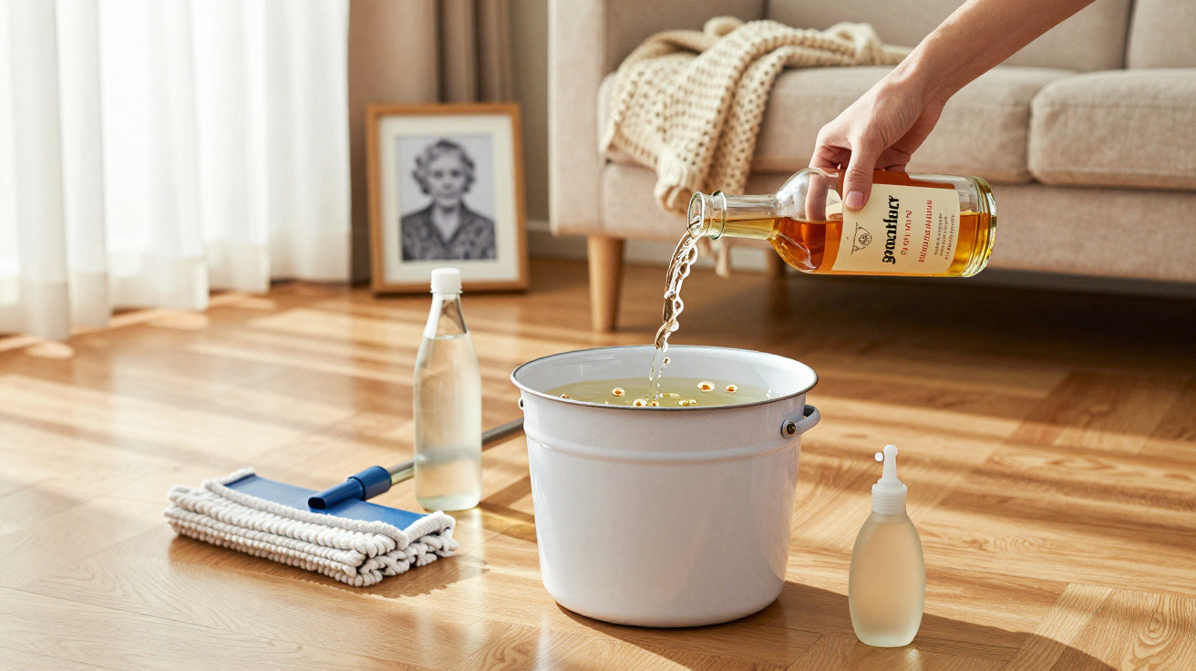 Hand gießt Flüssigkeit aus Flasche in Eimer mit Wasser, Putzmaterial auf Holzfußboden, Sofa und Bild im Hintergrund.