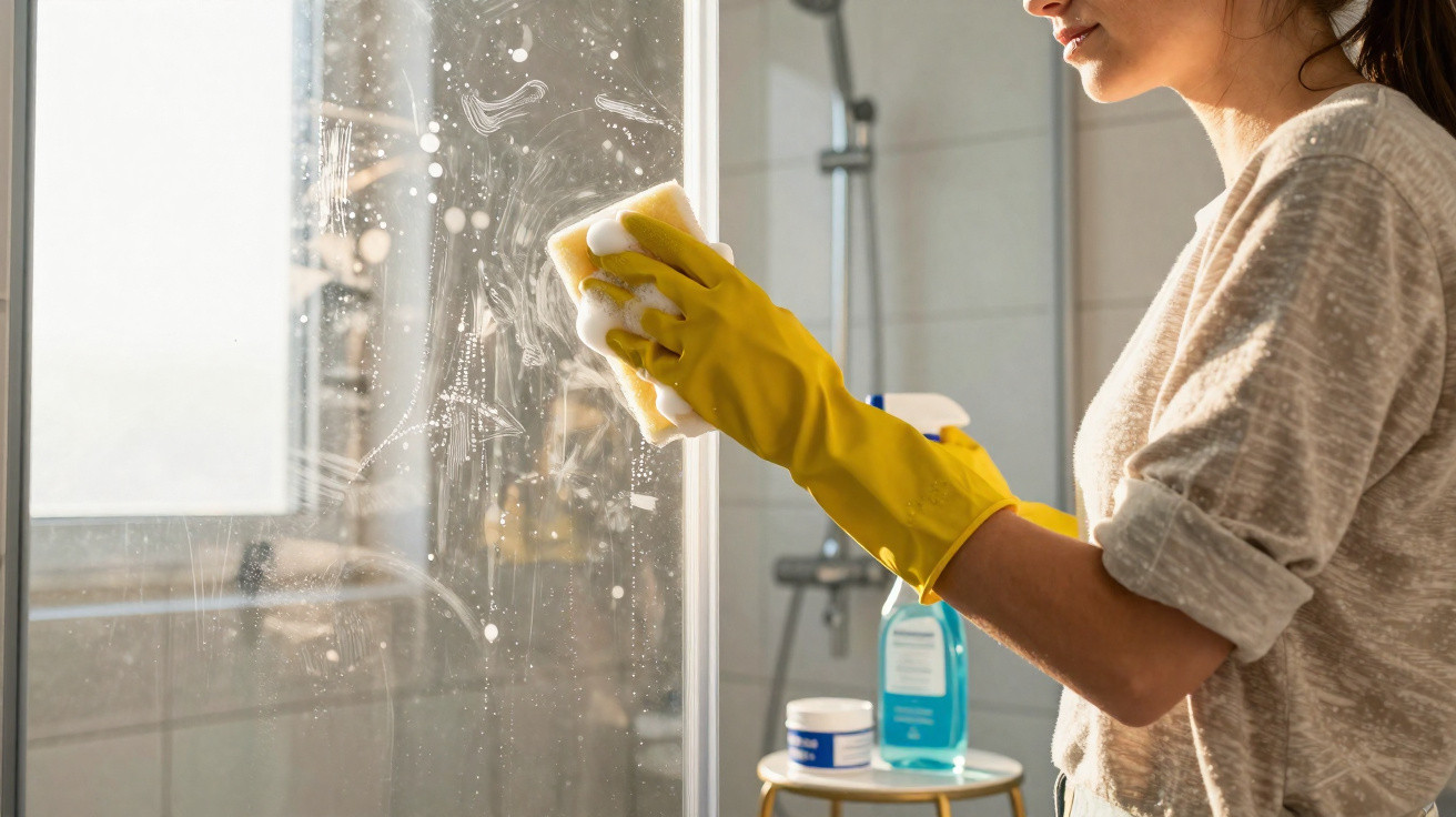 Frau mit gelben Gummihandschuhen reinigt Duschkabine mit Schwamm und Reinigungsmittel im Badezimmer.