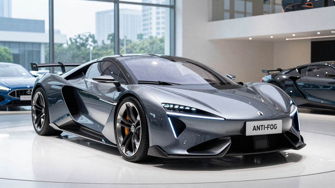 Grauer McLaren Supersportwagen mit aerodynamischem Design auf weißer Ausstellungsfläche in modernem Gebäude.