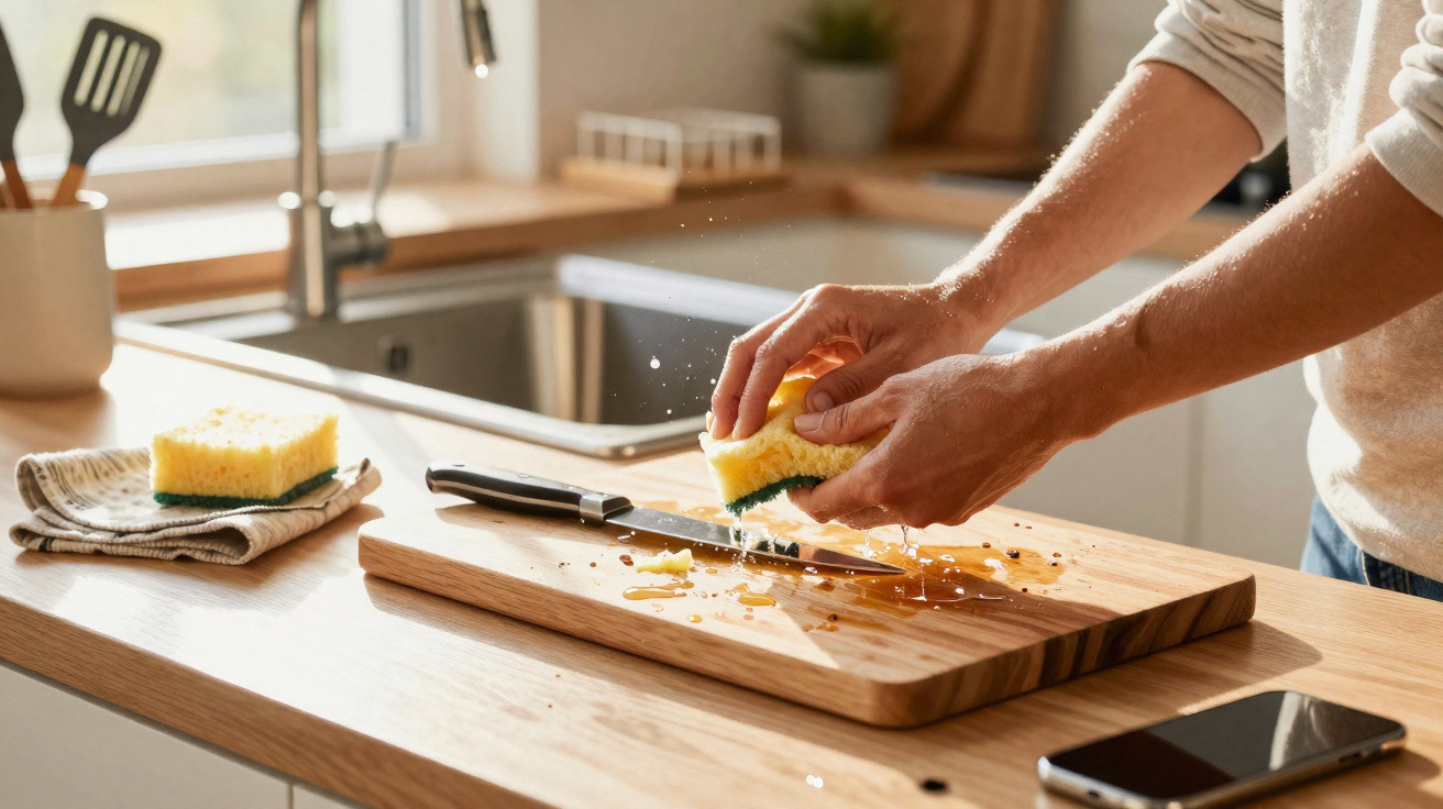 Person wringt nassen Schwamm über Schneidebrett in heller Küche aus, Messer und Smartphone liegen auf der Arbeitsfläche.