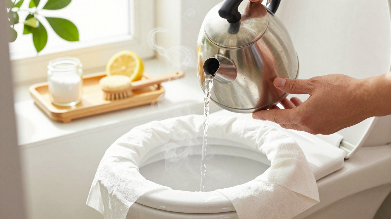 Hand gießt heißes Wasser aus Kessel in WC-Becken, mit Toilettenpapier ausgelegt, Badezimmerfenster und Utensilien im Hintergr