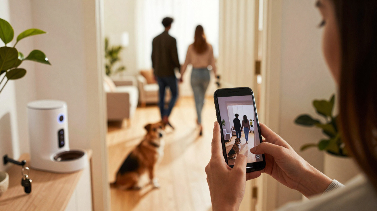 Frau fotografiert ein Paar und einen Hund in einem hellen Wohnzimmer mit Smartphone.
