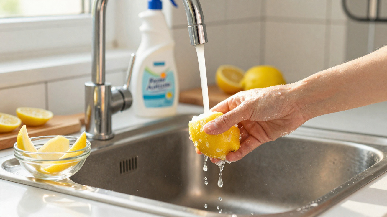Hand wäscht eine Zitrone unter fließendem Wasser in der Küchenspüle, im Hintergrund Zitronenscheiben.