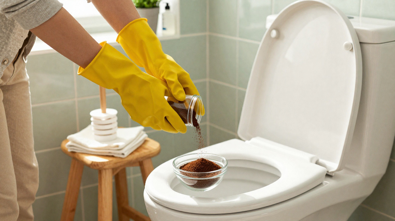 Person mit gelben Handschuhen streut Kaffeepulver in eine Toilettenschüssel zur Reinigung.