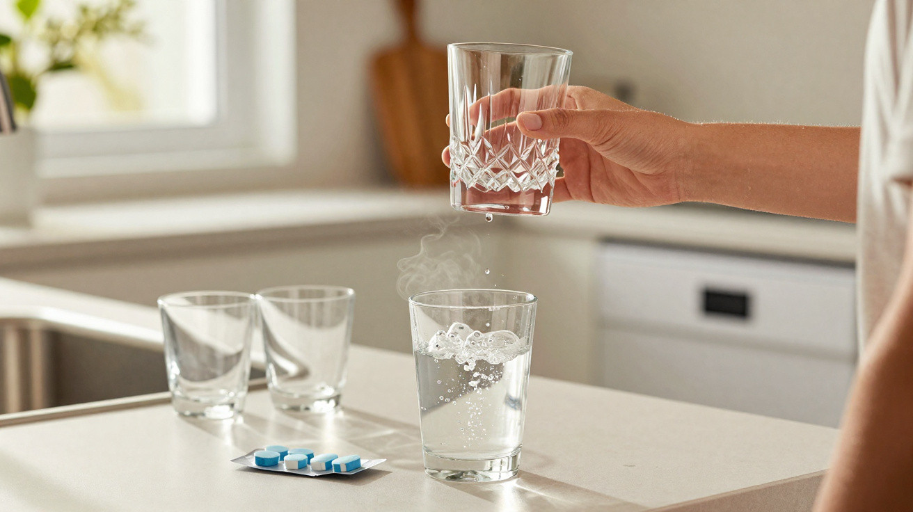 Hand hält ein Glas Wasser über ein Glas mit sprudelnden Brausetabletten in heller Küche.