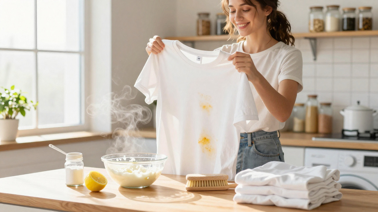 Frau hält weißes T-Shirt mit gelben Flecken, Küchenutensilien und Waschmittel auf Tisch in sonniger Küche.