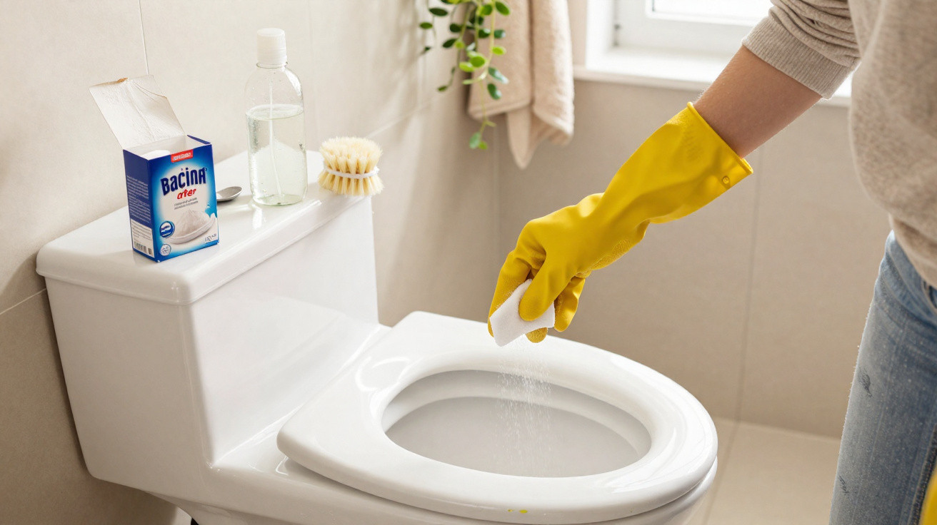 Hand mit gelbem Handschuh reinigt WC mit Pulver, Reinigungsmittel und Bürste stehen auf Toilettenspülkasten.