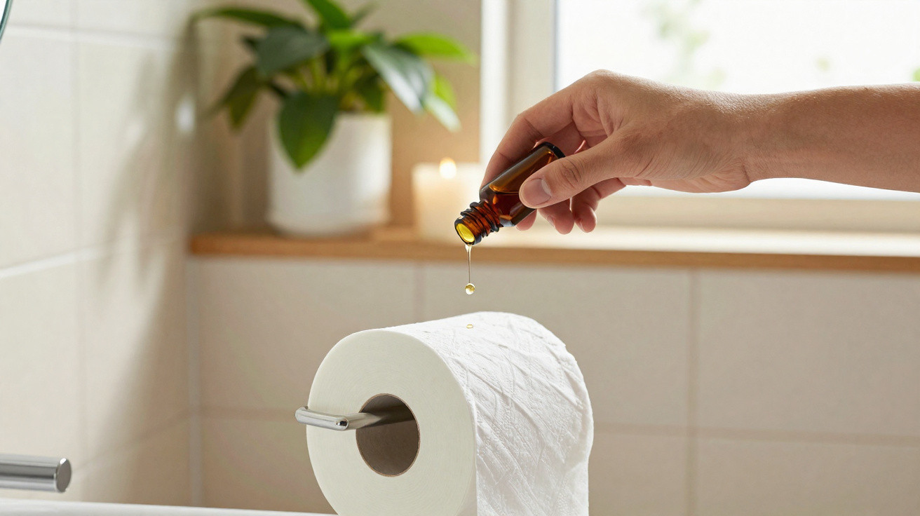 Hand träufelt ätherisches Öl aus brauner Flasche auf Toilettenpapier im Badezimmer mit Pflanze im Hintergrund