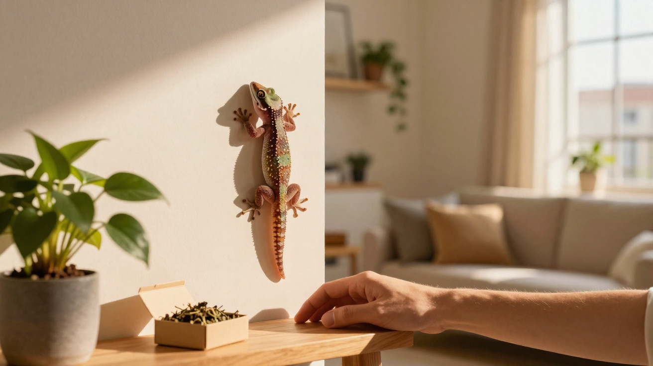 Bunter Gecko klettert an Wand, Hand reicht auf Holzablage mit Pflanzen und Schachtel im hellen Wohnzimmer.