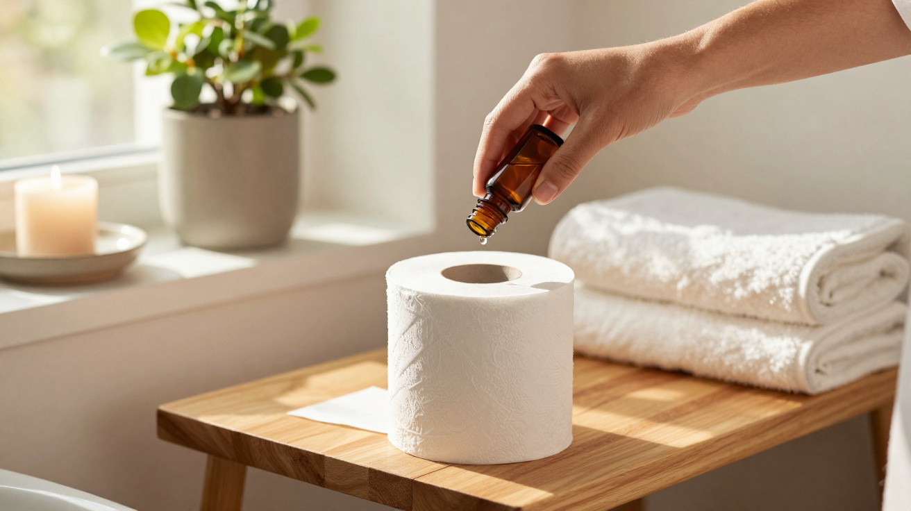 Hand tropft ätherisches Öl auf eine Klopapierrolle auf Holzablage mit Handtüchern und Pflanze im Hintergrund.