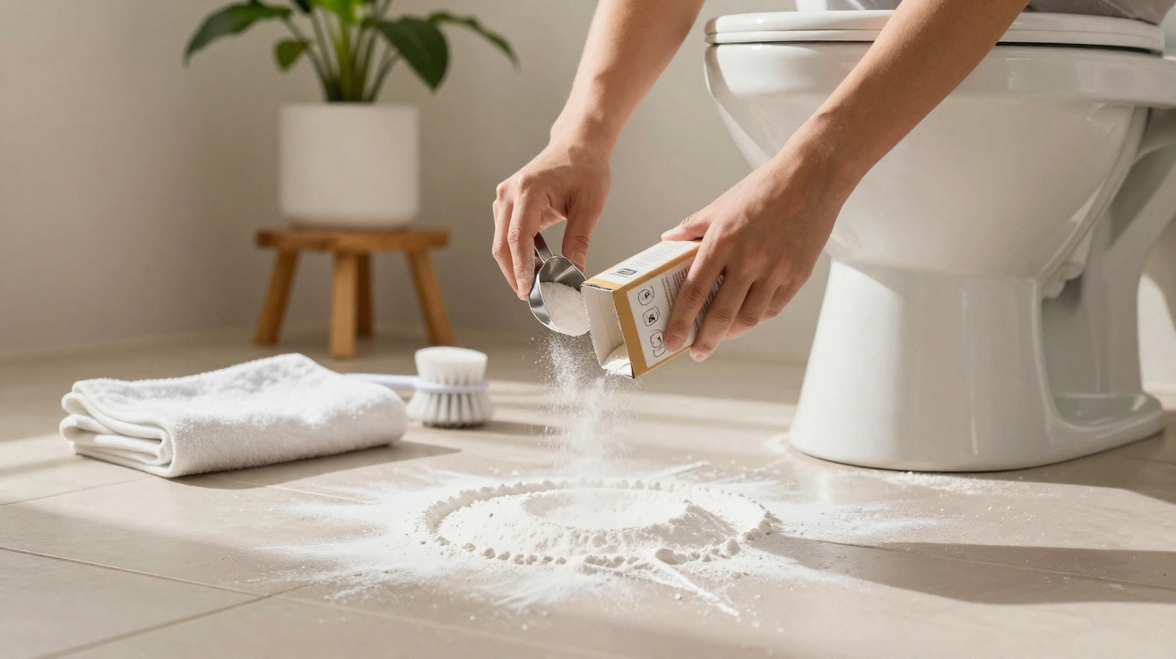 Person schüttet Backpulver auf den Badezimmerboden vor einer Toilette zum Reinigen.