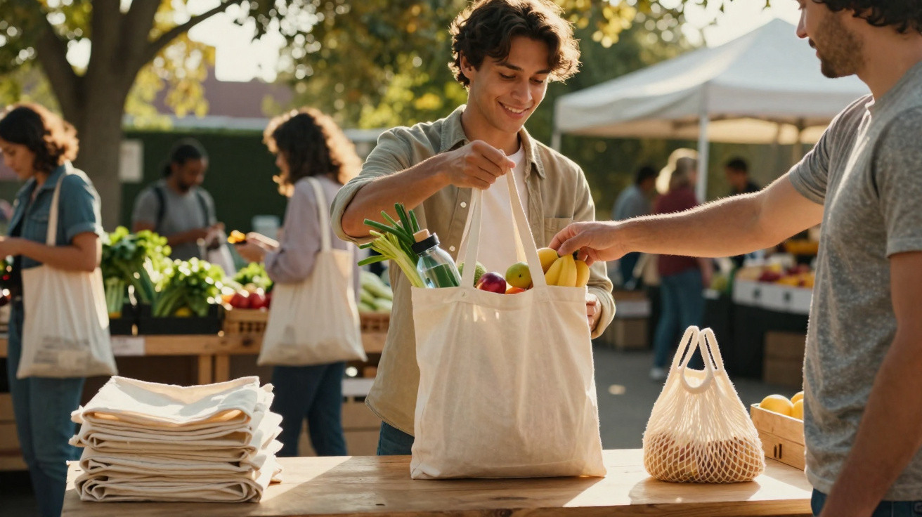 Junger Mann kauft Gemüse am Markt und füllt eine Stofftasche mit frischen Lebensmitteln.