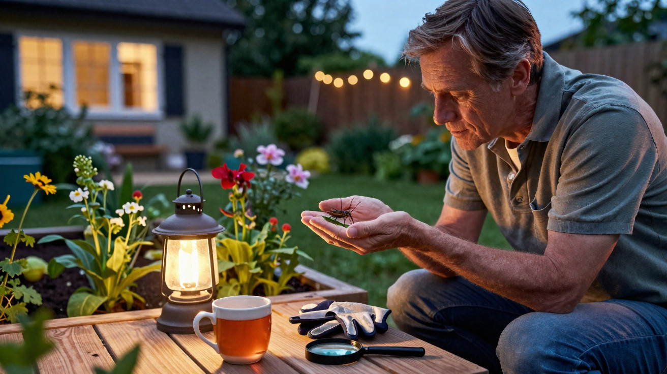Mann im Garten am Abend hält eine Heuschrecke in der Hand, daneben Lampe, Kaffeetasse und Gartenwerkzeuge.
