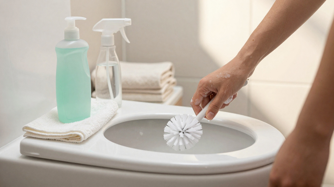 Hand reinigt WC mit Bürste, neben Spenderflasche und Sprühflasche auf Handtuch im Badezimmer
