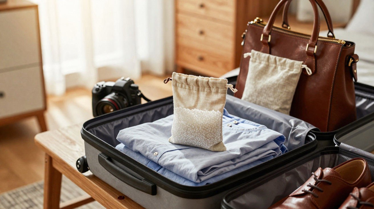 Offener Reisekoffer mit Hemden, Braunschuhen, Lederhandtasche, Kamera und kleinen Säckchen mit Silikagel.