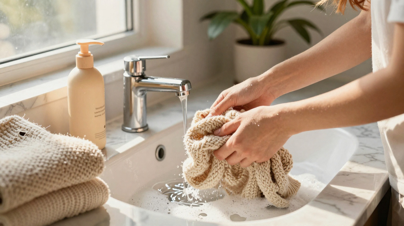 Frau wringt gestricktes Kleidungsstück über einem Waschbecken mit laufendem Wasser aus, Handtücher daneben.
