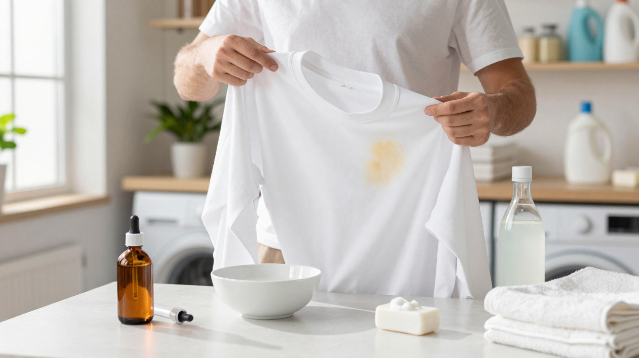 Person hält ein weißes Langarmshirt mit Fleck, auf Küchentisch Waschmittel, Seife und Faltwäsche.