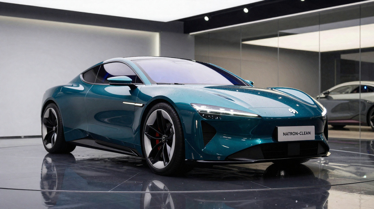 Sportlicher türkisfarbener Elektroauto-Prototyp auf glänzendem Showroom-Boden, modernes Design, Dunkelgrau reflektierend.