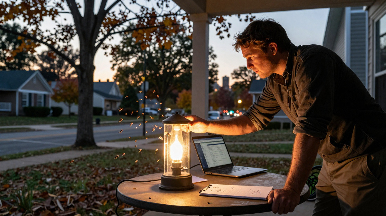 Mann zündet Laterne auf Gartentisch mit Laptop und Notizen bei Sonnenuntergang an.