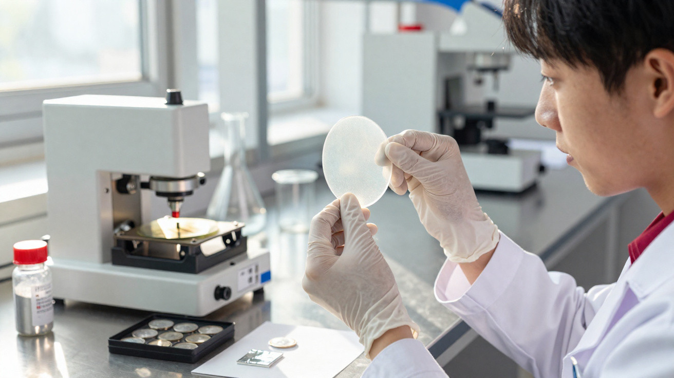 Wissenschaftler mit Handschuhen untersucht eine runde Probe im Labor vor mikroanalytischem Gerät.