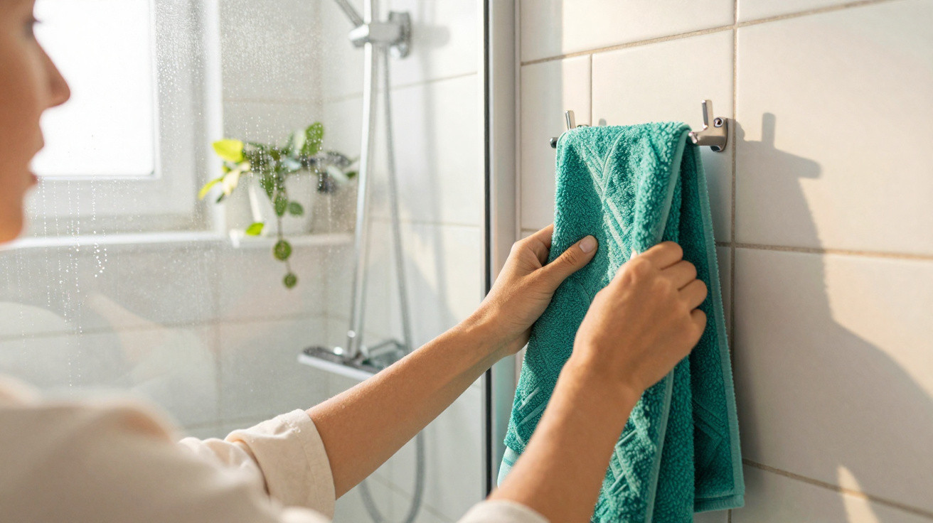 Person hängt türkisfarbenes Handtuch im hellen Badezimmer auf.