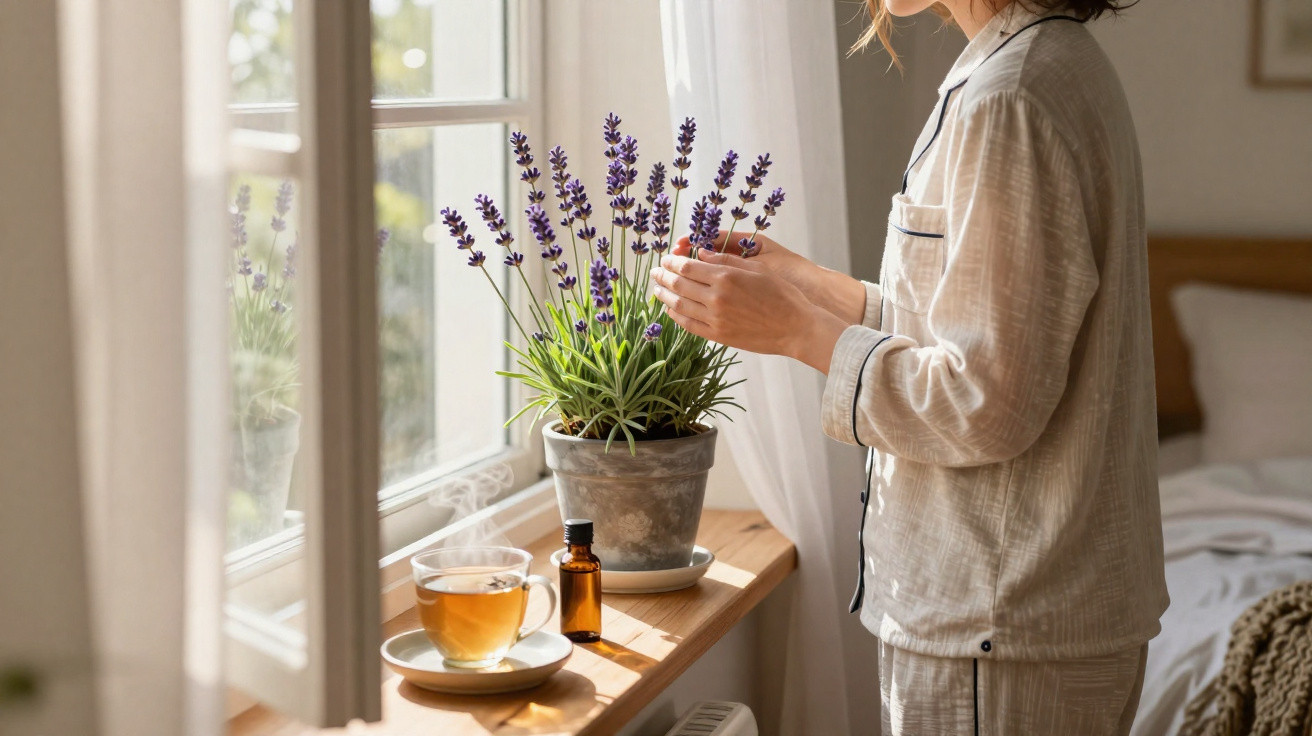 Frau in Pyjama berührt Lavendel auf Fensterbank mit dampfendem Tee und Aromaöl in sonnigem Schlafzimmer.
