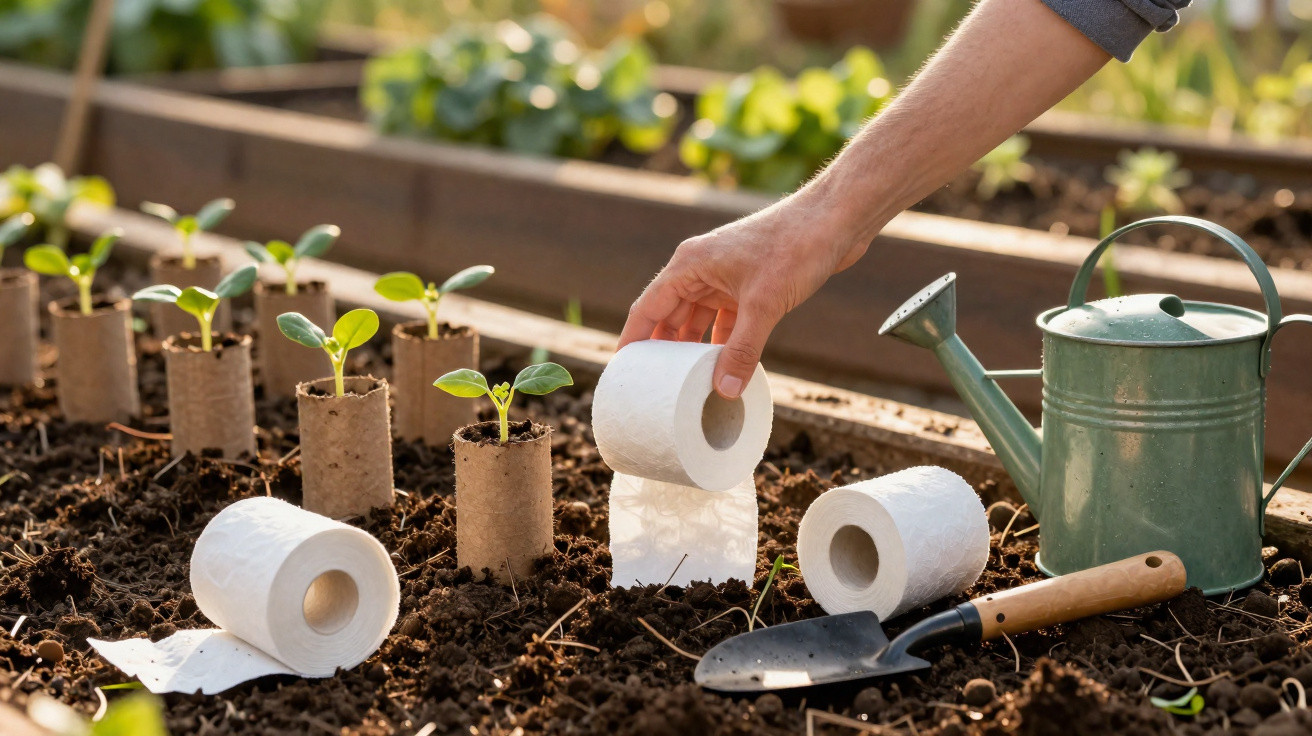 Hand pflanzt Setzlinge in Erde, die in leeren Toilettenpapierrollen wachsen, neben Gießkanne und Gartenschaufel.