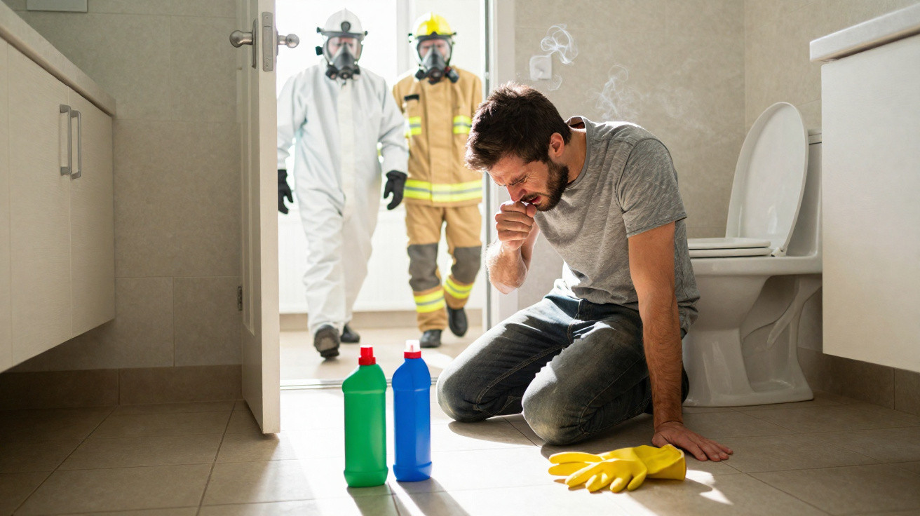 Mann kniet im Badezimmer, hustet, während zwei Feuerwehrleute mit Schutzanzügen und Masken eintreten.