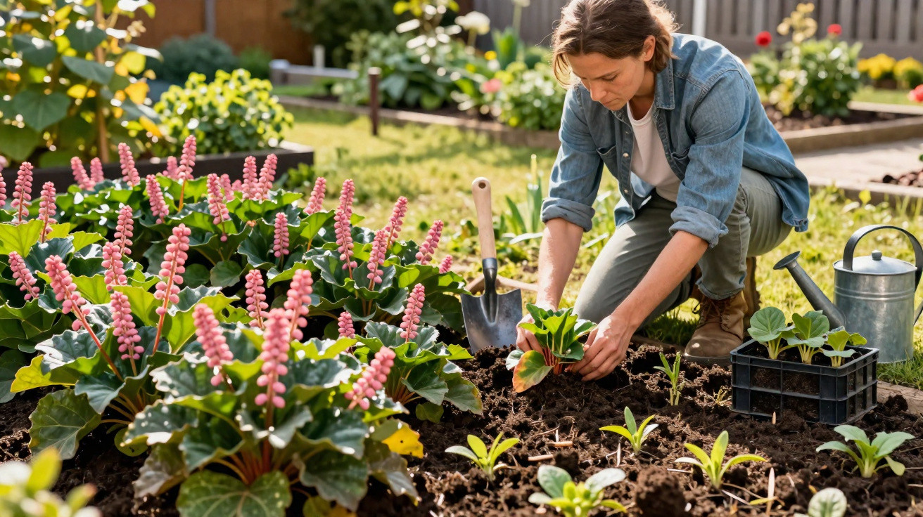 Frau pflanzt junge Pflanzen in Blumenbeet, umgeben von blühenden pinken Blumen im sonnigen Garten.