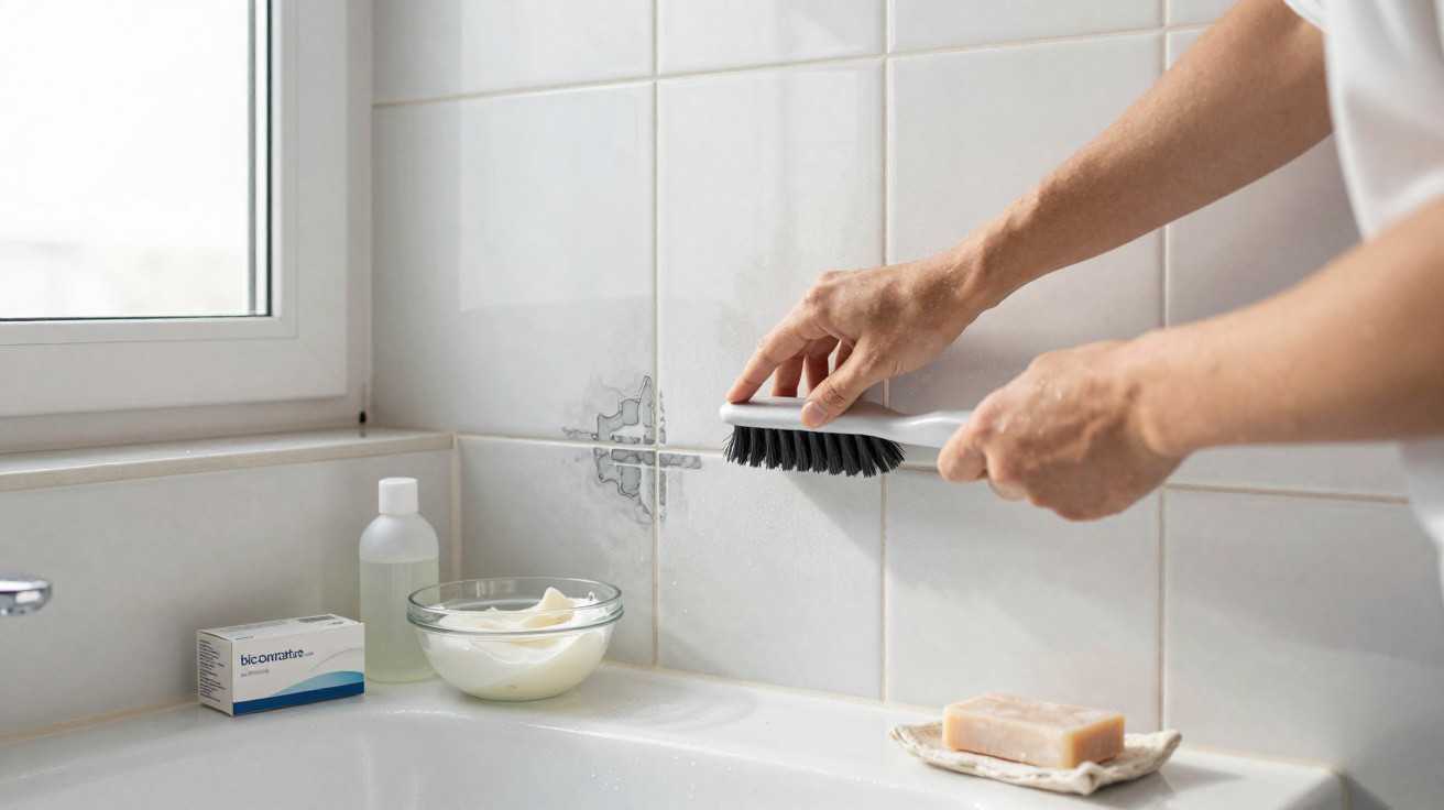Person reinigt Schimmel an weißen Badezimmerfliesen mit Bürste und Reinigungsmitteln neben Waschbecken.