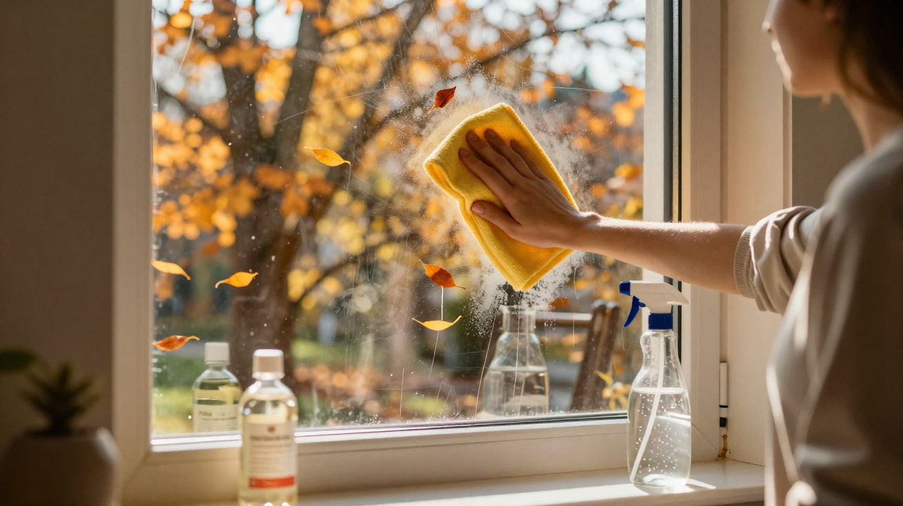 Person wischt fenster mit gelbem tuch an herbstlichem tag, herbstbäume und blätter draußen sichtbar.