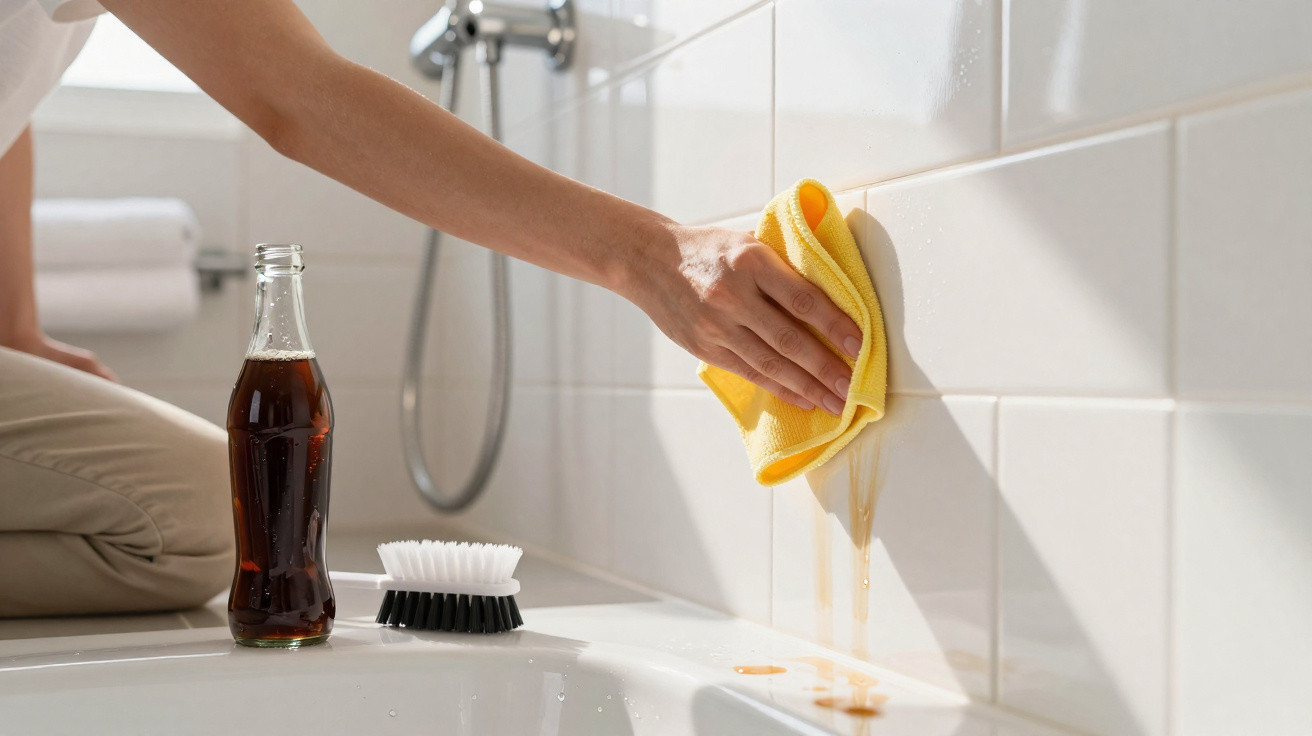 Hand wischt mit gelbem Tuch klebrige Limonade von weißen Badezimmerfliesen neben Badewanne ab.