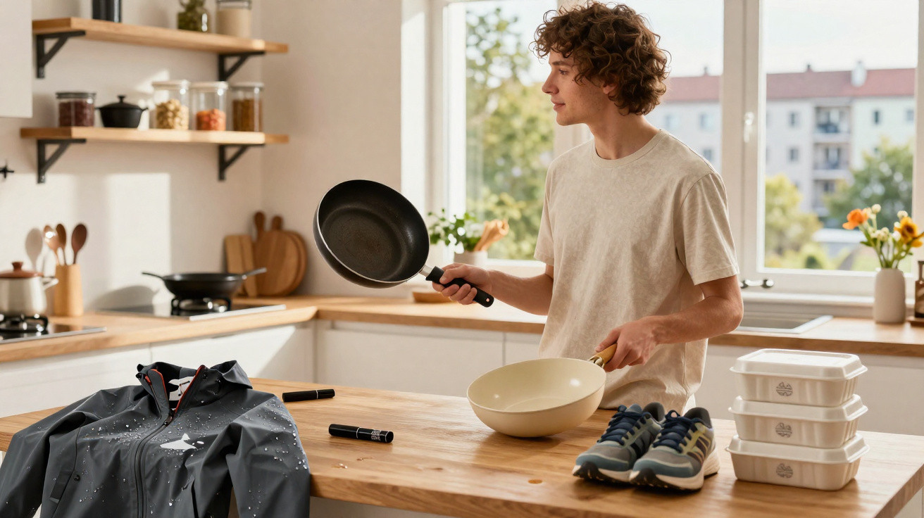 Junger Mann in heller Küche mit Pfanne und Schüssel, daneben Schuhe, Jacke und Essensbehälter auf Holztheke.
