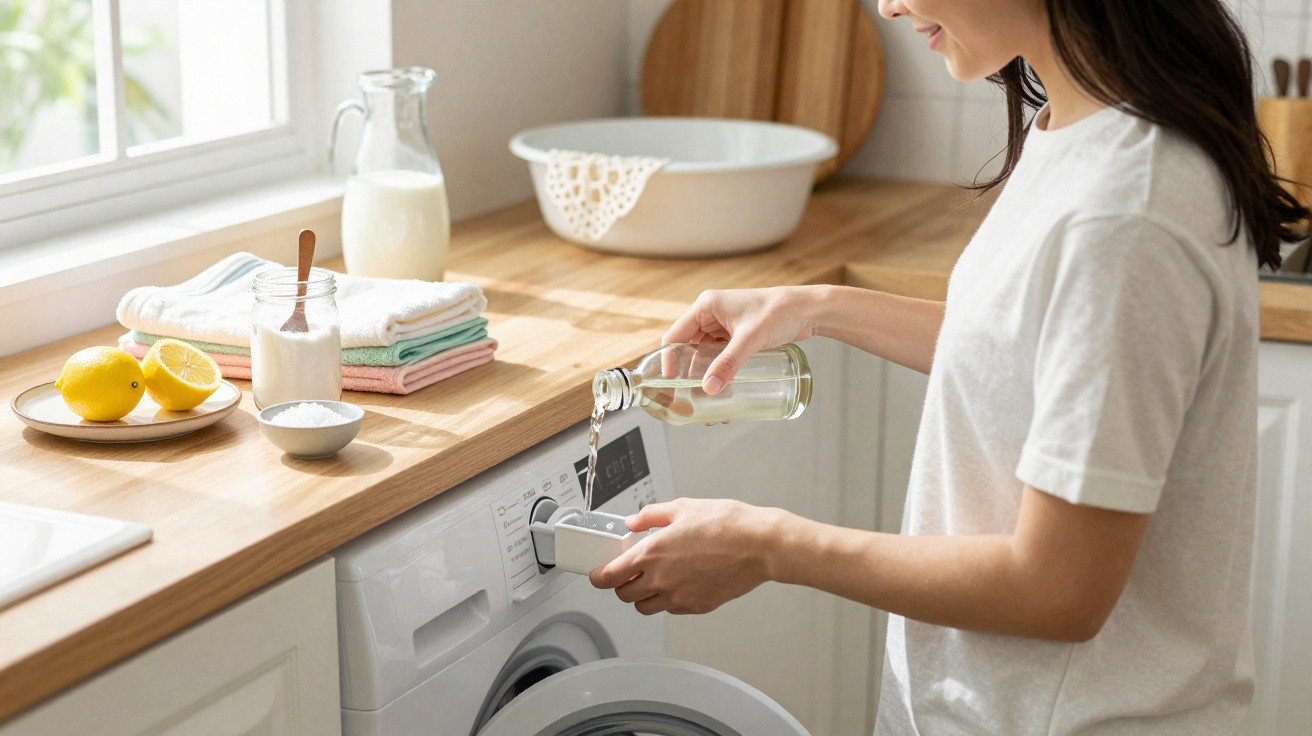 Frau gießt Waschmittel in Waschmaschine in heller Küche mit Zitronen und Milch auf Holztisch.