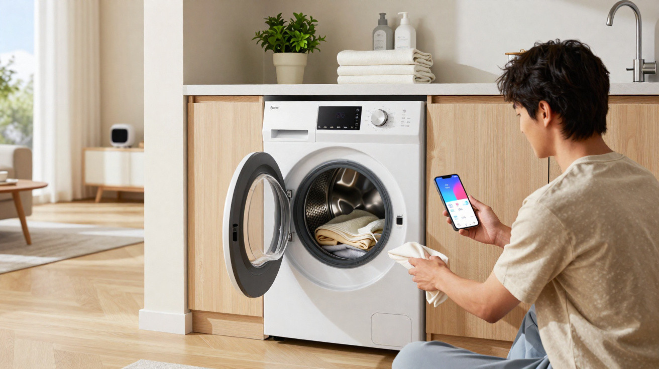 Mann steuert Waschmaschine mit Smartphone, offene Trommel mit Wäsche in moderner Küche.