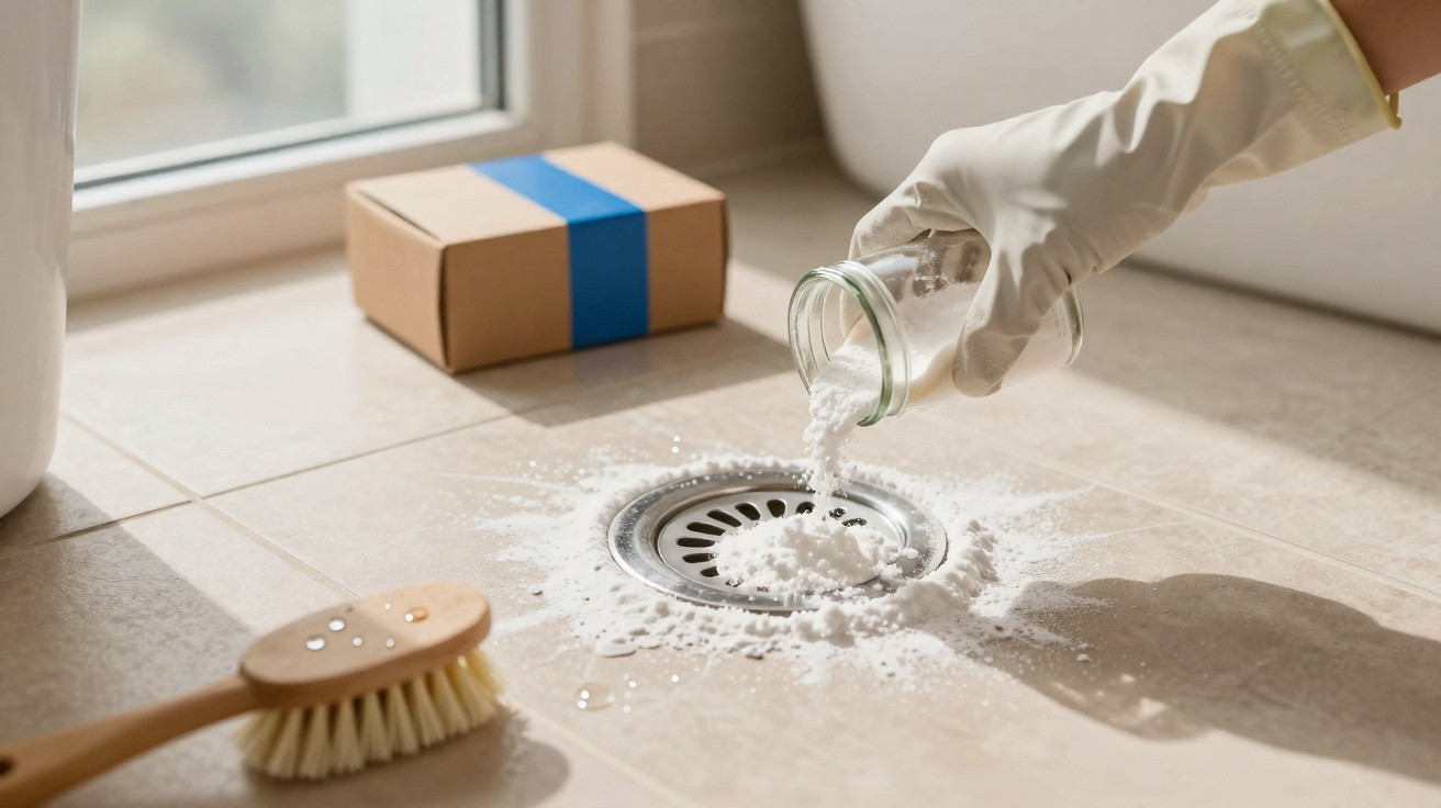 Hand mit Einweghandschuh schüttet Pulver in einen Duschabfluss, Bürste und Paket im Hintergrund.