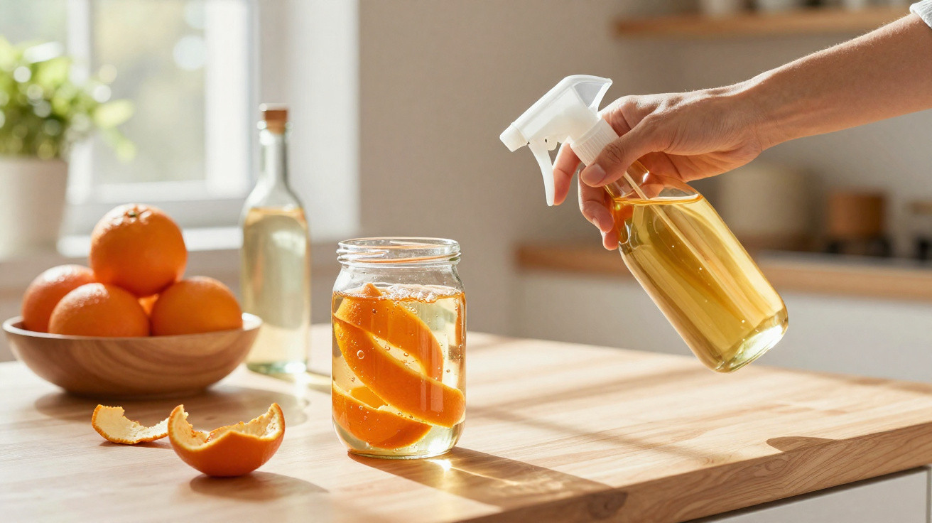 Hand hält Sprühflasche mit Orangenreiniger neben Glas mit Orangenschalen auf Holztisch in Küche.